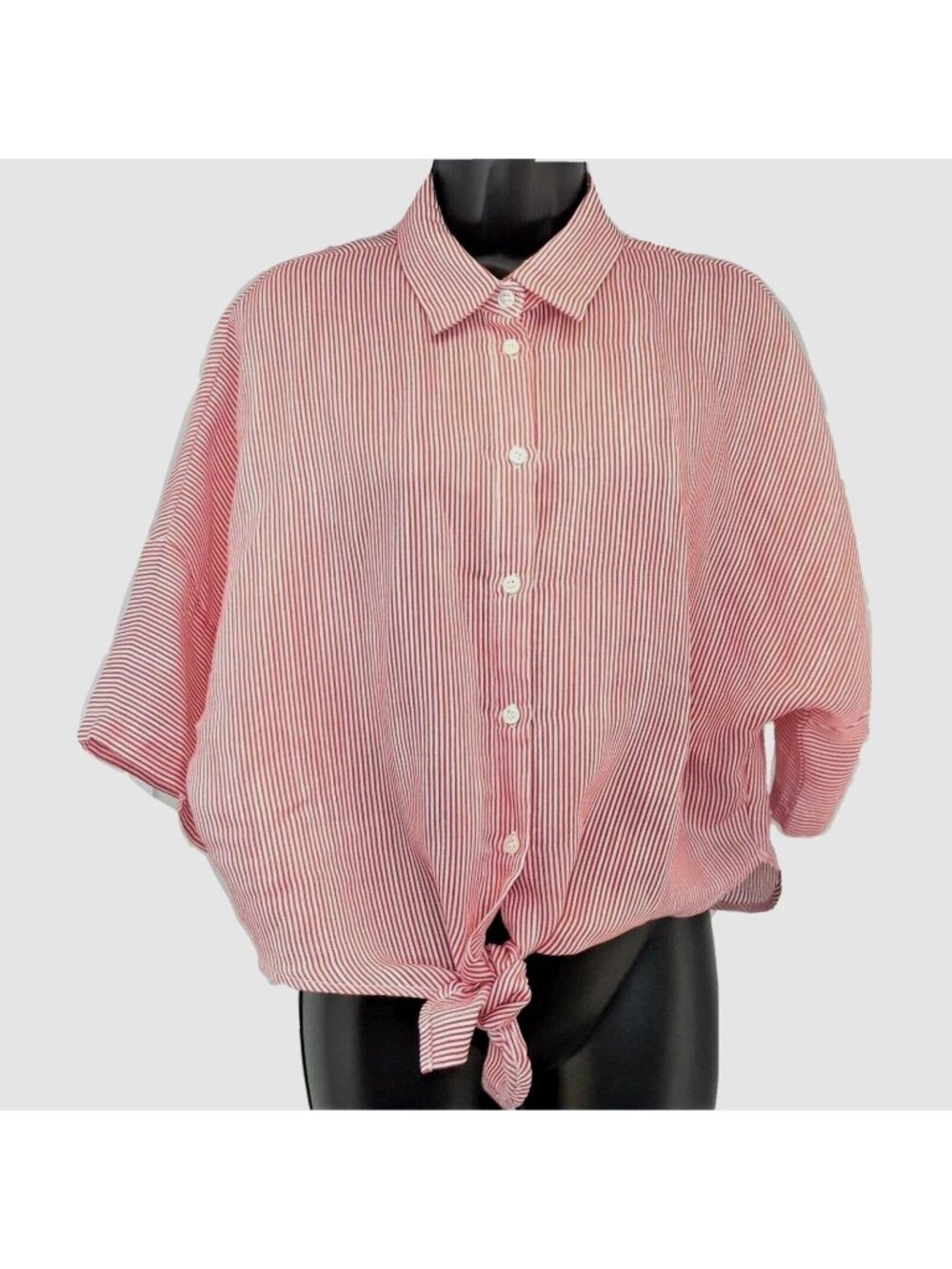FRNCH Paris Tie Front Oversized Shirt Size M/L Red White Striped Short Sleeve